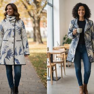 I-Reversible Jacket Coat Blue Cream Size M NWT